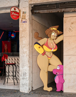 anthro big_breasts bikini breasts brown_body brown_fur clothing dominant dominant_female duo female fur hand_on_hip hand_on_wall larger_female male male/female nervous size_difference standing swimwear two-piece_swimsuit mestysa a_chance_encounter gameoverse glitch_productions gobbles_(gameoverse) kit_bodega animal_humanoid cat_humanoid dinosaur felid felid_humanoid feline feline_humanoid humanoid mammal mammal_humanoid prehistoric_species reptile scalie 2026 absurd_res hi_res meme