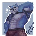 anthro black_clothing black_shirt black_topwear bulge clothed clothing clothing_lift detailed_bulge eyewear male muscular muscular_anthro muscular_male pecs shirt solo sunglasses topwear fuzzwalloo dislyte lilith_games freddy_(dislyte) canid canine canis mammal wolf absurd_res hi_res