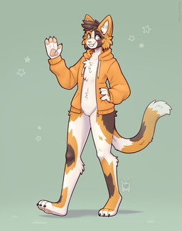 4_fingers anthro blush brown_claws brown_hair brown_markings cheek_tuft chest_tuft claws clothed clothing facial_tuft fingers fur hair inner_ear_fluff jacket looking_away male markings open_clothing open_jacket open_topwear orange_markings pawpads pink_nose pink_pawpads short_hair simple_background smile solo tan_body tan_fur teeth topwear tuft walking yellow_eyes fleurfurr domestic_cat felid feline felis mammal colored digital_drawing_(artwork) digital_media_(artwork) hi_res shaded
