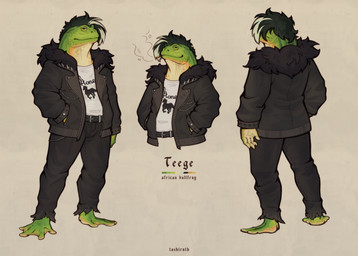 alternative_fashion anthro black_hair bottomwear chain clothed clothing emo green_body green_eyes green_skin hair jacket male membrane_(anatomy) orange_body orange_skin pants plantigrade shirt slightly_chubby smoke solo standing t-shirt tan_body tan_skin text topwear white_hair yellow_eyes tashiroth african_bullfrog amphibian frog ranid english_text full-length_portrait half-length_portrait hi_res model_sheet portrait