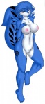 alternate_color anthro arm_markings big_breasts blue_body blue_fur blue_hair breasts chest_tuft eyes_closed facial_markings feet female fluffy fluffy_tail fur genitals hair head_markings hindpaw leg_markings markings navel nipples nude paws pink_nose pussy short_hair simple_background solo tail tuft white_background white_body white_fur skidd bandai_namco digimon nintendo star_fox adenine fan_character krystal_(star_fox) canid canine digimon_(species) hybrid mammal renamon 2011 crossover hi_res