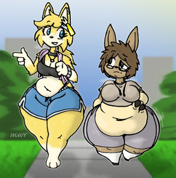 3_toes 4_fingers anthro belly big_belly biped black_choker black_jewelry black_necklace blonde_hair blue_bottomwear blue_clothing blue_eyes blue_shorts bodily_fluids bottomwear brown_body brown_fur choker clothing countershade_fur countershade_torso countershading detailed_background ear_piercing ear_ring feet female female_anthro fingers fur gloves_(marking) grey_bottomwear grey_clothing grey_shorts hair hoof_hands hooves jewelry larger_anthro larger_female leg_markings looking_at_another markings midriff necklace obese obese_anthro obese_female overweight overweight_anthro overweight_female park piercing ring_piercing shorts sidewalk size_difference small_feet smaller_anthro smaller_female socks_(marking) solo sweat sweaty_belly tail tan_body tan_countershading toes towel towel_around_neck unguligrade walking wide_hipped_anthro wide_hipped_female wide_hips yellow_body yellow_fur yellow_tail blayaden ellie_(maddeku) sam_(blayaden) deer domestic_cat felid feline felis mammal 2023 hi_res