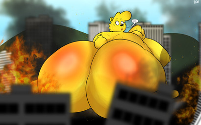 anthro big_breasts big_butt biped breasts butt destroyed_building destruction empty_eyes female female_anthro fire foreground fur hair hill huge_breasts huge_butt hyper hyper_butt looking_back macro macro_anthro macro_female nipples nude obese obese_anthro obese_female overweight overweight_anthro overweight_female poofy_hair sky smoke solo text yellow_body yellow_fur tuffthecat arum_(hornygoldyber) bear mammal ursine 16:10 absurd_res colored hi_res widescreen