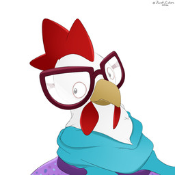 ambiguous_gender beak blue_scarf clothing eyewear feathers feral glasses looking_aside neckwear polka_dot_sweater purple_clothing purple_sweater purple_topwear red_eyewear red_glasses scarf simple_background solo sweater text toony topwear turtleneck wattles white_background white_body white_feathers zecret_colors sam_and_max skunkape_games telltale telltale_games mr._featherly_(sam_and_max) avian bird chicken galliform phasianid 1:1 2026 absurd_res artist_name colored digital_drawing_(artwork) digital_media_(artwork) headshot_portrait hi_res portrait shaded male_(lore)
