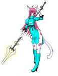 anthro blue_clothing boots clothed clothing crossdressing dress femboy footwear fur hair high_heels long_hair looking_at_viewer male melee_weapon pink_hair pink_spots polearm shoes simple_background solo spear spots weapon white_background white_body white_fur nikku_lunatique jack_(nikku_lunatique) domestic_cat felid feline felis mammal hi_res