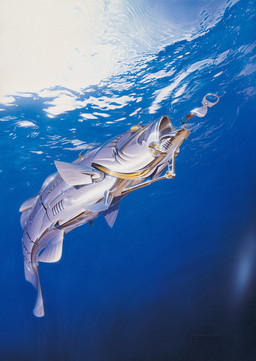 ambiguous_gender antenna_wire bait feral fin machine metallic_body open_mouth solo tail text underwater water hajime_sorayama aquatic fish robot robot_feral 1989 absurd_res english_text hi_res traditional_media_(artwork)