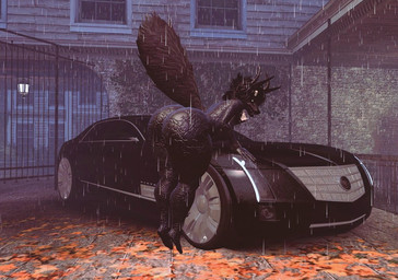 anthro bent_over big_butt black_body black_hair breasts butt car courtyard curvy_figure female fluffy fluffy_tail hair horn huge_butt looking_at_viewer looking_back nude on_car outside plantigrade presenting presenting_hindquarters raining raised_tail solo tail vehicle isazicfazbear scp_foundation scp-023 2020 3d_(artwork) digital_media_(artwork)