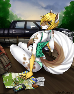 anthro bag biped blonde_hair car cellphone clothing compass detailed_background electronics eyewear female fur glasses green_eyes hair map nature outside panties phone ring shirt sitting sky smile solo summer tank_top text ticket topwear truck underwear vehicle white_body white_fur eliana-asato dodge_(brand) dodge_ram stellantis_n.v. canid canine canis domestic_dog mammal 2014 english_text hi_res