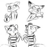 1:1 anthro blue_eyes bound canid canine caught chain clothing criminal cuff_(restraint) disney duo female fox gokhan16 green_eyes handcuffs lock lockpick male mammal mask metal_cuffs money_bag nick_wilde pattern_clothing prison_uniform red_fox restraints restricted_palette shackles simple_background skye_(zootopia) striped_clothing stripes true_fox zootopia