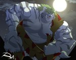 abs anthro clothing crouching green_hair hair hand_on_knee hand_on_leg male moon muscular muscular_male night pecs solo torn_clothing reclamon yu_yu_hakusho byakko_(yu_yu_hakusho) demon felid mammal pantherine tiger 5:4 hi_res