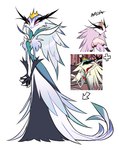 anthro beak clothed clothing crown dress eyelashes female fusion headgear long_eyelashes redesign simple_background solo white_background akada helluva_boss stella_(helluva_boss) avian bird demon hi_res reference_image