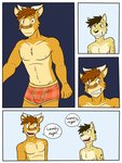 3:4 anthro bovid bovine boxer_briefs cattle caught cheetah clothed clothing comic dialogue duo embarrassed english_text felid feline fuze hi_res male mammal navel nipples text topless underwear underwear_only