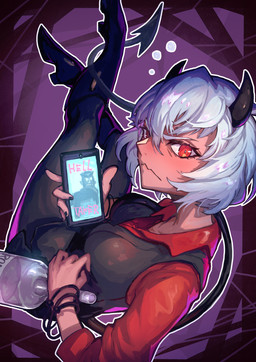 alcohol beverage black_horn boots bottle bottomwear bracelet breasts cellphone clothing container crossed_legs electronics female footwear hair high_heeled_boots high_heels holding_cellphone holding_object holding_phone holding_smartphone horn jewelry looking_at_viewer not_furry pants phone red_eyes shirt shoes short_hair simple_background smartphone solo spade_tail suit tail text topwear white_body white_hair white_skin nijimaarc helltaker malina_(helltaker) protagonist_(helltaker) demon demon_humanoid humanoid english_text hi_res