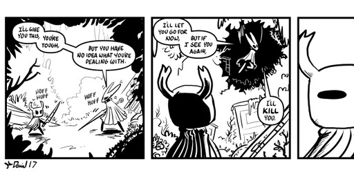 2_horns 3_panel_comic ambiguous_gender black_eyes black_text breath cloak clothing dialogue duo eyebrows holding_melee_weapon holding_object holding_weapon horn looking_at_another melee_weapon midair outside plant sound_effects speech_bubble talking_to_another text thread weapon p5ych hollow_knight_(franchise) team_cherry hornet_(hollow_knight) the_knight_(hollow_knight) arthropod vessel_(species) artist_name comic english_text monochrome half_sister_(lore) nonbinary_(lore) sibling_(lore) sister_(lore)