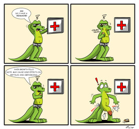 big_penis bodily_fluids briefs circumcised clothing clothing_scraps dialogue drugs first_aid_kit genitals green_body headache male medical_instrument narrowed_eyes nude orange_eyes penis pillbox pills scientific_instrument simple_background solo speech_bubble sweat sweatdrop text torn_clothing underwear wide_eyed conditional_dnp tinnier lizard reptile scalie absurd_res comic english_text hi_res