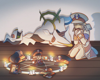 ambiguous_gender band-aid bandage black_clothing black_hat black_headwear black_jacket black_topwear bodily_fluids bottomwear bound candle clothing coin crying duo eyes_closed fire floor green_sclera hair hat headgear headwear jacket legs_tied light_body light_skin male money occult_symbol pants pentagram photo plushie pokeball praying red_eyes rope summoning_circle symbol tears topwear toy_train white_body white_bottomwear white_clothing white_hat white_headwear white_jacket white_pants white_topwear white_wall wood wood_floor m-hex nintendo pokemon emmet_(pokemon) ingo_(pokemon) arceus generation_4_pokemon human legendary_pokemon mammal pokemon_(species) 2022 digital_media_(artwork) hi_res