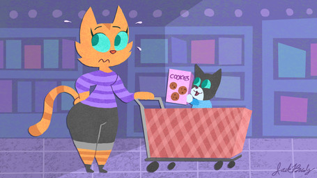 abstract_background anthro arms_bent big_eyes big_iris biped black_body black_bottomwear black_clothing black_eyebrows black_footwear black_fur black_pants black_shoes blue_eyes blue_pajamas bottom_heavy bottomwear box cheek_tuft clothed clothed_anthro clothed_female clothing container cookie countershade_face countershading duo eyebrows eyelashes facial_markings facial_tuft female floor food footwear fully_clothed fur fur_tuft grocery_store guilty hand_on_hip hand_on_object hand_on_own_hip head_markings holding_box holding_container holding_object in_shopping_cart inside iris larger_female long_eyelashes looking_at_another looking_away male markings mature_anthro mature_female mouth_closed multicolored_body multicolored_fur no_pupils open_mouth open_smile orange_body orange_fur orange_nose orange_stripes pajamas pants pattern_clothing pattern_shirt pattern_t-shirt pattern_topwear pointy_ears prick_ears purple_clothing purple_shirt purple_t-shirt purple_text purple_topwear red_nose red_tongue shirt shoes shopping_cart size_difference small_nose smaller_male smile standing striped_body striped_clothing striped_face striped_fur striped_legs striped_markings striped_shirt striped_t-shirt striped_tail striped_topwear stripes sweatdrop_(iconography) t-shirt tail tail_markings temptation text text_on_box thick_thighs tile tile_floor toddler tongue topwear tuft two_tone_body two_tone_fur white_body white_fur wide_hips young young_anthro jack_brady litterbox_comics cooper_(litterbox_comics) fran_(litterbox_comics) domestic_cat felid feline felis mammal tabby_cat 16:9 2023 absurd_res digital_drawing_(artwork) digital_media_(artwork) english_text hi_res signature widescreen mother_(lore) mother_and_child_(lore) mother_and_son_(lore) parent_(lore) parent_and_child_(lore) parent_and_son_(lore) son_(lore)