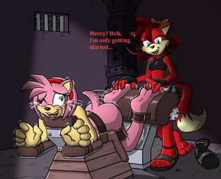 4_toes anthro ass_up barefoot bdsm blush bodily_fluids bondage bound butt clothing crying_laughing digit_ring dungeon duo feet female female/female foot_fetish footwear jewelry laugh nude ring sandals shoes submissive submissive_anthro submissive_female tail tail_motion tailwag tears tears_on_cheek text tickle_torture tickling toe_ring toes caroo archie_comics sega sonic_the_hedgehog_(archie) sonic_the_hedgehog_(comics) sonic_the_hedgehog_(series) amy_rose fiona_fox canid canine eulipotyphlan fox hedgehog mammal english_text