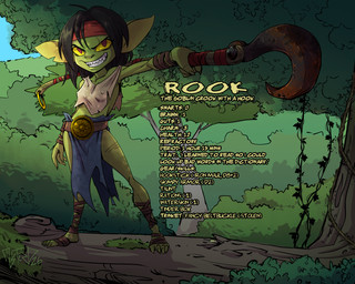 4_fingers 4_toes arm_wraps biceps black_eyebrows black_hair blue_bottomwear blue_clothing blue_loincloth blue_sky bottomwear breasts brown_wraps clothed clothed_female clothed_humanoid clothing collarbone day eyebrow_scar eyebrows facial_scar fantasy feet female female_humanoid fingernails fingers foot_wraps forest green_body green_ears green_skin grin hair headgear headkerchief headwear holding_object holding_weapon hook humanoid_pointy_ears kerchief leg_scar leg_wraps log loincloth long_hair moss nails nature nipple_outline not_furry notched_ear outside plant pointy_ears red_eyes red_headkerchief red_kerchief rust scar sharp_teeth shirt sky small_breasts smile solo standing teeth text toenails toes topwear torn_clothing torn_loincloth torn_shirt torn_topwear tree vines weapon white_clothing white_shirt white_topwear wood wraps yellow_inner_ear yellow_sclera yellow_text mister_d rook_(mister_d) goblin humanoid 2026 5:4 dated english_text hi_res shaded signature