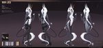 anthro braided_hair breasts clothing female hair holographic_horn horn long_hair long_tail paws solo standing tail text white_hair mindmachine mara_(verities) acrador canid canine canis jackal mammal english_text hi_res model_sheet