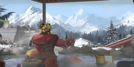 anthro bathing beard biped black_nose blonde_beard blonde_facial_hair blonde_hair blue_sky brown_body casual_nudity day eyes_closed facial_hair flower front_view goatee grass hair hot_spring male male_anthro mountain mouth_closed muscular muscular_anthro muscular_male nude nude_anthro nude_male outdoor_nudity outside plant red_body red_flower rock short_hair sitting sky solo steam water awaldkize mythology dragon mythological_creature mythological_scalie scalie 2024 absurd_res dated digital_media_(artwork) digital_painting_(artwork) hi_res painting_(artwork) shaded signature soft_shading