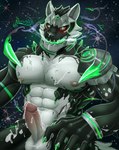 abs anthro armor balls black_body black_fur bodily_fluids bodysuit clothing cum cum_on_penis damaged_clothing embarrassed erection fur genital_fluids genitals green_eyes humanoid_genitalia humanoid_penis machine male metal muscular muscular_male neon neon_lights nipples pecs penis red_sclera skinsuit solo tight_clothing white_body white_fur duckaphion lifewonders live_a_hero monomasa canid canine mammal robot absurd_res hi_res