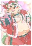 anthro belly blush bottomwear bulge christmas_clothing christmas_headwear clothing eyebrows fur green_body green_fur hat headgear headwear holidays male one_eye_closed overweight santa_hat shorts smile solo thick_eyebrows wink ottyo_kope christmas lifewonders live_a_hero mokdai canid canine canis domestic_dog mammal hi_res