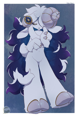 ambiguous_gender anthro cosmic_hair cut_horn ethereal_hair featureless_crotch fur hooves logo navel one_eye_obstructed sheep_horns simple_background solo text white_body white_fur white_hooves yellow_eyes mochiri bovid caprine mammal sheep 2025 absurd_res artist_logo artist_name cel_shading digital_drawing_(artwork) digital_media_(artwork) hi_res shaded