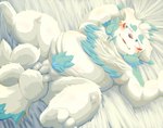 anthro balls blue_body blue_fur blush fur genitals kemono lying male overweight overweight_anthro overweight_male penis solo white_body white_fur young kogiinu asian_mythology east_asian_mythology japanese_mythology lifewonders mythology tokyo_afterschool_summoners agyo_(tas) foo_dog komainu mammal yokai 2021