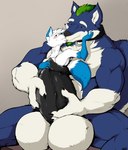 anthro balls big_balls big_penis black_collar blue_body blue_eyes blue_fur blush claws cock_vore collar duo feet_first fur genitals green_hair hair huge_balls huge_penis hyper hyper_balls hyper_genitalia hyper_penis kissing male male/male orange_eyes partially_inside penile penis romantic romantic_couple simple_background sitting size_difference text vore wearing_collar white_body white_fur willing_pred willing_prey pandottermon canid canine canis domestic_dog husky mammal nordic_sled_dog spitz 2020 artist_name hi_res signature