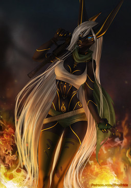 anthro blue_eyes breasts clothed clothing explosives female fire grenade hair holding_object holding_weapon legwear long_hair midriff navel solo standing stockings thigh_highs weapon white_hair elvofirida anamu anubian_jackal canid canine canis jackal mammal 2018 digital_media_(artwork)