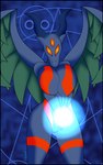 3_eyes anthro big_breasts blue_background blue_body blue_fur breasts feathered_wings feathers featureless_breasts featureless_crotch female fur green_body green_feathers horn huge_breasts markings multi_eye orange_eyes simple_background solo thick_thighs wide_hips wings honwell la-mulana baphomet_(deity) baphomet_(la-mulana) bovid caprine caprine_demon deity demon goat_demon mammal hi_res