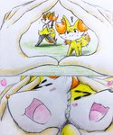 ambiguous_gender anthro blush blush_lines exclamation_point eyes_closed feral fur group heart_symbol inner_ear_fluff open_mouth orange_body orange_eyes orange_fur paws stick tail tail_motion tailwag tongue trio tuft white_body white_fur yellow_body yellow_fur eiroru nintendo pokemon braixen canid canine fennekin generation_6_pokemon human mammal pokemon_(species) 2022 graphite_(artwork) hi_res traditional_media_(artwork)