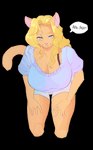 anthro big_breasts blonde_hair blue_clothing blue_eyes blue_topwear breasts cleavage clothed clothing dialogue female hair leaning leaning_forward mature_female pink_nose simple_background smile solo tail text topwear transparent_background corablue cheese_quesadilla felid mammal 2022 alpha_channel digital_media_(artwork) english_text hi_res