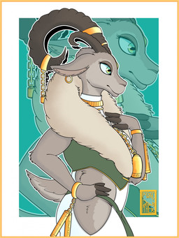 accessory anthro border clothing ear_piercing ear_ring female fur furgonomics gold_(metal) gold_jewelry green_background green_eyes grey_body grey_fur hand_on_hip horizontal_pupils horn horn_accessory jewelry piercing pupils ring_piercing side_view simple_background solo tail white_border white_clothing ataripanther keeper_sechen bovid caprine goat mammal 2025 digital_media_(artwork) hi_res
