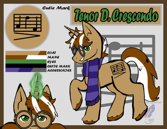 cutie_mark eyewear feral fur glasses green_eyes green_magic hair horn leg_fluff male multicolored_hair scarf solo standing tan_body tan_fur unicorn_horn hasbro my_little_pony mythology tenor_d_cresendo equid equine mammal mythological_creature mythological_equine unicorn absurd_res hi_res model_sheet