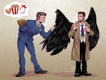 avian_caruncle clothed clothing coat comb_(anatomy) duo feathered_wings feathers hair halo head_crest male not_furry simple_background text thought_bubble topwear trenchcoat wings zillabean hannibal_(series) supernatural_(tv_show) castiel hannibal_lecter angel avian bird chicken galliform human humanoid mammal phasianid winged_humanoid digital_media_(artwork) english_text