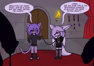 anthro arms_tied band_shirt bdsm_gear bodily_fluids boots bound carpet clothing collar dialogue dripping dungeon feathered_wings feathers female femboy footwear genital_fluids genitals group imminent_sex leash leashed_collar looking_worried male male/female penis precum precum_drip sex_dungeon shadow shoes speech_bubble text torch wings volya~ ultra_(ultrabondagefairy) volya_(volya~) canid canine domestic_cat felid feline felis fennec_fox fox mammal true_fox english_text hi_res