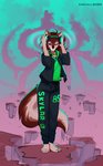 4_toes abstract_background anthro barefoot bottomwear brown_hair clothed clothing collar countershading electronics eyes_closed feet female hair headphones pants smile solo sweatpants toes cacuu skylar_zero canid canine canis mammal wolf 2020 absurd_res digital_media_(artwork) hi_res shaded