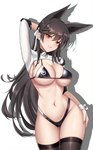 accessory big_breasts bikini black_hair breasts brown_eyes camel_toe clothing cuffs_(clothing) eyebrow_through_hair eyebrows eyelashes female glistening glistening_body glistening_breasts glistening_skin glistening_thighs hair hair_accessory hair_ribbon hand_behind_head hand_on_hip inner_ear_fluff legwear long_hair navel ribbons shirt_cuffs shrug_(clothing) smile solo swimwear thigh_gap thigh_highs translucent translucent_hair tuft two-piece_swimsuit zeukiar azur_lane atago_(azur_lane) animal_humanoid canid canid_humanoid humanoid mammal mammal_humanoid 2024 absurd_res hi_res