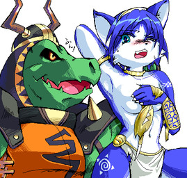 anthro armlet armor blue_body blue_fur blue_hair blush bottomwear breasts captured clothed clothing covering covering_breasts covering_self defeated duo fangs female fur grabbing grabbing_from_behind grabbing_head green_body green_eyes green_scales green_skin hair horn jewelry loincloth male male/female multicolored_body necklace one_eye_closed open_mouth partially_clothed raised_arm scales teeth tongue torn_clothing white_body white_fur yellow_eyes g-sun nintendo star_fox general_scales krystal_(star_fox) canid canine fox lizard mammal reptile scalie sharpclaw_(star_fox) low_res