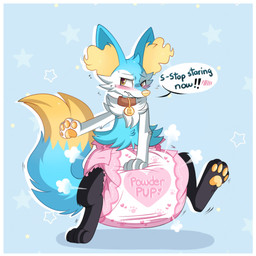 ambiguous_gender anthro big_diaper black_body black_fur blue_background blue_body blue_fur blue_tail blush blush_lines bodily_fluids border brown_collar clean_diaper clothed clothing cloud_emanata collar collar_tag dialogue diaper diaper_puff dipstick_tail emanata flying_sweatdrops fur hand_on_diaper heart_symbol huge_diaper inner_ear_fluff markings multicolored_body multicolored_fur on_one_leg pawpads simple_background snaggle_tooth solo speech_bubble standing sweat sweatdrop tail tail_markings text touching_diaper tuft two_tone_tail wearing_diaper white_body white_border white_fur yellow_body yellow_fur yellow_inner_ear_fluff yellow_nose yellow_pawpads yellow_tail yellow_tail_tip jupiters nintendo pokemon koru_(braixenchu) braixen generation_6_pokemon pokemon_(species) 1:1 english_text hi_res