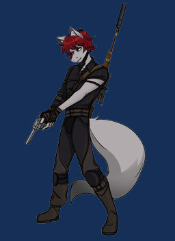 anthro blue_eyes clothing gun hair handgun leather leather_clothing male ranged_weapon red_hair revolver rifle silencer sniper_rifle solo weapon luminaxandra fallout microsoft jason_maddox_(sniperwaffle115) canid canine canis mammal wolf alpha_channel hi_res