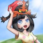 :3 ambiguous_gender black_hair blue_eyes clothed clothing duo female feral fur grass hair hat headgear headwear looking_down looking_up outside plant red_body red_fur shirt smile standing sun topwear yellow_sclera rilex_lenov nintendo pokemon selene_(pokemon) felid generation_7_pokemon mammal pokemon_(species) torracat 1:1 2016