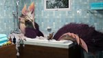 ambiguous_gender bath bathing bathroom bodily_fluids bubble claws detailed_background dispenser feet feral fluffy fluffy_chest fluffy_tail fur green_body green_scales hair hand_on_head inside looking_at_viewer lying mane on_back open_mouth pink_body pink_scales purple_body purple_fur purple_hair scales shampoo shampoo_bottle soap soap_dispenser solo sponge tail teeth water wet white_body white_scales window ivorylagiacrus capcom monster_hunter leviathan_(mh) ludroth mizutsune royal_ludroth scalie 16:9 2021 3d_(artwork) 4k absurd_res digital_media_(artwork) hi_res widescreen