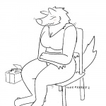 1:1 2014 anthro big_breasts biped blush bottomless box breasts chair cleavage clothed clothing container eyes_closed female fur furniture gnoll hyena mammal masturbation monochrome simple_background sitting smile solo striped_hyena trout_(artist)