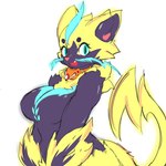 anthro big_breasts blue_eyes blue_markings breasts eyelashes featureless_breasts female fur glowing glowing_markings jewelry looking_at_viewer markings navel necklace open_mouth open_smile pupils purple_body purple_fur simple_background slit_pupils smile solo whiskers white_background yellow_body yellow_fur shnibbles nintendo pokemon generation_7_pokemon legendary_pokemon pokemon_(species) zeraora 1:1 hi_res