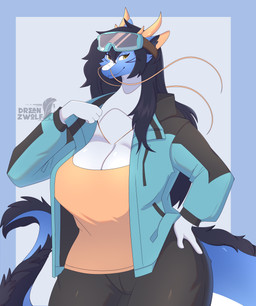 anthro big_breasts blue_body blue_fur breasts cleavage clothed clothing eyewear eyewear_on_head female fur goggles goggles_on_head hair horn huge_breasts jacket long_hair long_tail non-mammal_breasts open_clothing open_jacket open_topwear snow_gear solo tail thick_thighs topwear whiskers white_body white_fur wide_hips dreanzwolf mythology kehlani_solani dragon eastern_dragon furred_dragon furred_scalie mythological_creature mythological_scalie scalie 2026 absurd_res hi_res