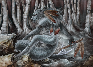 axe casual_nudity detailed_background feathers forest grin male melee_weapon nude outside pigtails plant scenery smile solo tail tree weapon wood rukis canid canine canis mammal wolf
