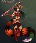 5_fingers anthro breasts clothed clothing female fingers fur hair holding_melee_weapon holding_object holding_sword holding_weapon looking_at_viewer melee_weapon multicolored_body multicolored_fur multicolored_hair plantigrade smile solo sword weapon fireflufferz all_the_king's_men vega_(artica) ailurid mammal red_panda 2018 digital_media_(artwork) hi_res